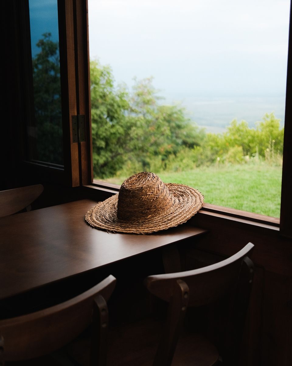 Photo by Alex Ivanov Peaceful view of countryside from cabin with straw hat on table, evoking relaxation.